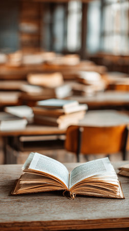 An open book rests on a wooden desk in a quiet classroom. Surrounding it are empty chairs and tables, creating a calm learning environment. Sunlight streams through the windows.の素材