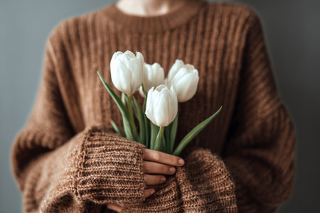 A person stands indoors, wearing a warm brown sweater. They are holding a bouquet of fresh white tulips, adding a touch of softness to the cozy scene.の素材