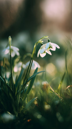 Delicate snowdrop flowers stand tall in a peaceful garden, illuminated by gentle morning light. The soft background adds a dreamy touch to this serene scene of nature..の素材