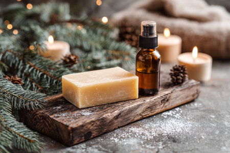 A wooden tray displays natural soap and a bottle of essential oil, surrounded by candles and pine branches, creating a calm, cozy atmosphere perfect for winter relaxation.の素材