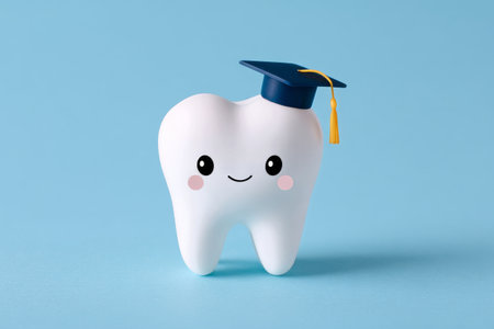 A cheerful tooth character with a smiling face and rosy cheeks wears a graduation cap, symbolizing dental health education. The bright blue background adds a fun and lively touch..の素材