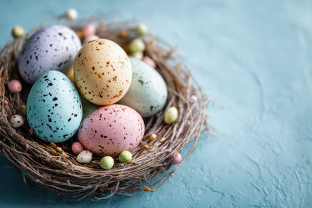 Beautifully decorated speckled eggs in soft pastel colors sit in a twigs nest surrounded by small candy eggs, celebrating the arrival of spring.の素材