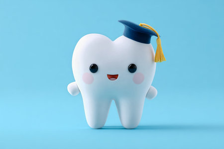 A cute tooth character wearing a graduation cap stands proudly on a light blue background. The tooth has a cheerful expression, symbolizing educational achievement..の素材