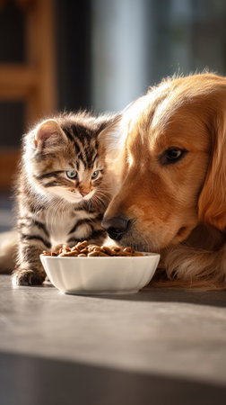 A golden retriever and a cat share a bowl of food in a warm and inviting room during the evening. Sunlight casts a gentle glow on their fur as they eat..の素材