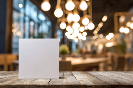 A blank canvas rests on a wooden table in a cozy cafe. The background features soft, warm lighting from hanging fixtures, creating a welcoming environment for patrons..の素材