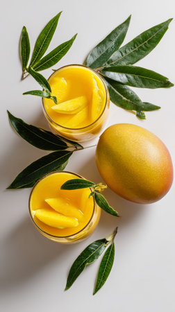 Two glasses filled with mango drink sit next to a ripe mango and fresh green leaves, creating a vibrant and refreshing scene perfect for summer enjoyment.の素材