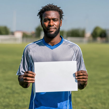 A soccer player stands on a grassy field holding a blank sheet of paper. He has a serious expression, wearing a gray and blue sports shirt after a training session..の素材