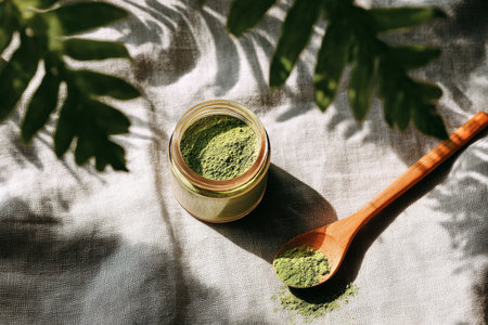A glass jar holds green powder next to a wooden spoon laid on a soft, textured fabric. Soft shadows dance across the surface, creating a calm atmosphere..の素材