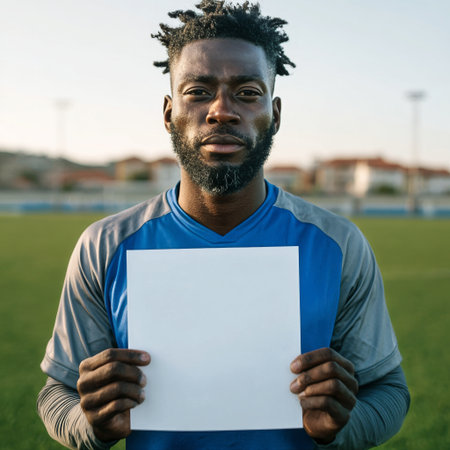 A soccer player stands on the field, holding a blank sign. He looks directly at the camera with a serious expression, ready for action. The training session takes place on a sunny day..の素材