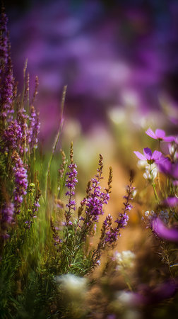 Vibrant purple and white flowers grow in a serene garden filled with soft colors. The lush greenery and blooming petals create a peaceful spring atmosphere..の素材