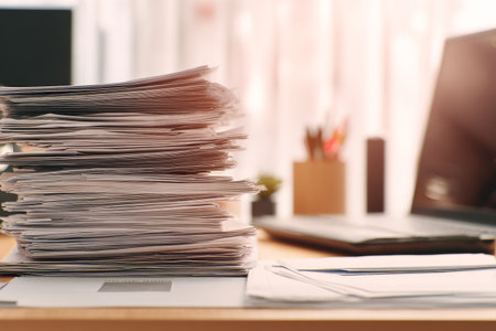 A large pile of documents sits on a wooden desk, alongside a laptop and a small holder filled with pens. Bright sunlight streams through the window, creating a productive atmosphere.の素材