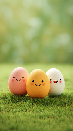 Three cheerful eggs in pink, yellow, and white colors sit on lush green grass under bright sunlight. Their smiling faces create a joyful and playful atmosphere perfect for springtime.の素材