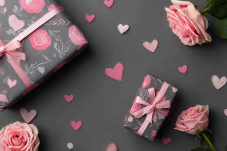 Two beautifully wrapped gifts sit among pink roses on a background filled with heart patterns, creating a festive atmosphere for celebrations or special events..の素材