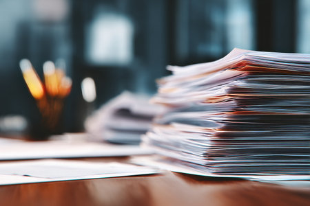 Stacks of organized documents sit on a desk in an office during the late afternoon. The warm light highlights each folder, creating a focused atmosphere for work..の素材