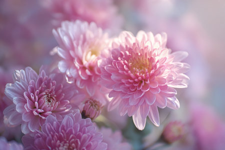 Pink chrysanthemums display their delicate petals, basking in soft sunlight. Their vibrant hues create a peaceful and uplifting scene in a garden setting.の素材