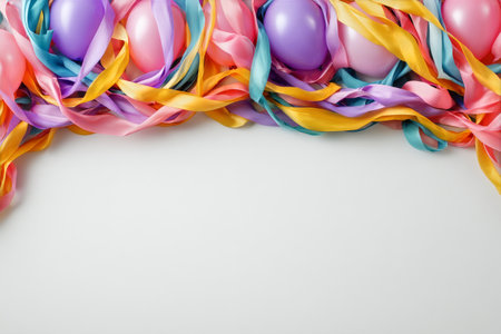 A variety of pastel balloons in shades of purple, orange, and pink are scattered alongside curled ribbons, setting a cheerful mood for a celebration or festive gathering..の素材