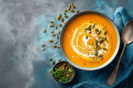A vibrant bowl of creamy pumpkin soup is presented with a swirl of cream and topped with pumpkin seeds. Fresh herbs are added for garnish, enhancing the dishes appeal..の素材