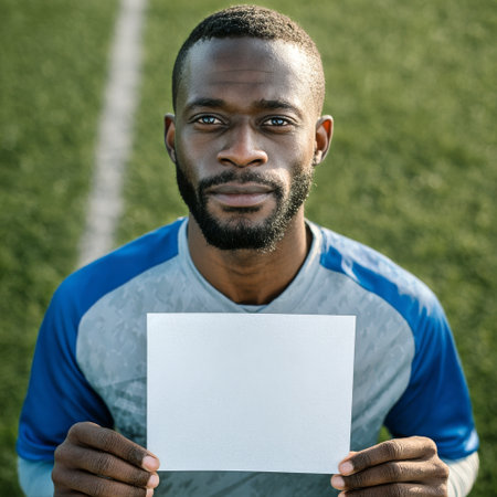 A soccer player stands on a grassy field holding a blank sheet of paper. He has a serious expression, wearing a gray and blue sports shirt after a training session.の素材