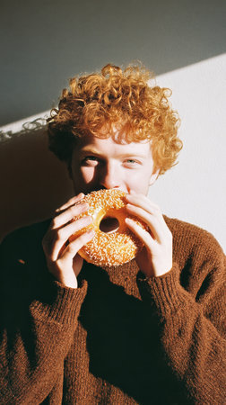 A young man with curly hair holds a donut topped with colorful sprinkles close to his face. He wears a warm sweater and looks directly at the camera, highlighting the treat..の素材