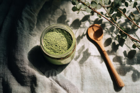 A small glass jar filled with green powder sits beside a wooden spoon on a light fabric surface. The natural setting is enhanced by soft lighting and nearby greenery..の素材