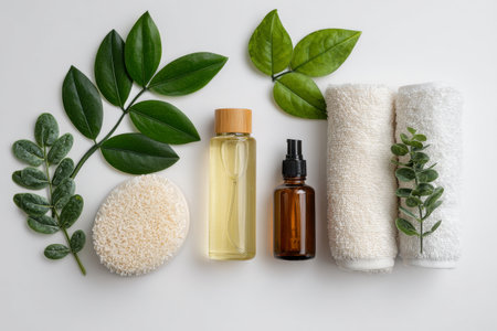 Spa essentials arranged on a white surface, featuring natural oils, soft towels, and fresh green leaves, creating a calming and serene atmosphere for relaxation.の素材