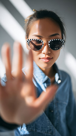 A woman with long hair wears stylish patterned sunglasses and holds up her hand while posing in front of a bright wall, creating a fun and playful moment in direct sunlight..の素材