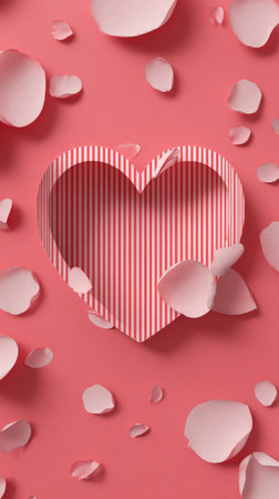 Pink and white heart shape cut out is surrounded by soft petals, creating a romantic atmosphere against a striped background. Perfect for celebrating love and affection..の素材