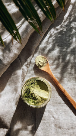 A glass jar filled with green powder sits on natural linen fabric. A wooden spoon rests beside, and a palm leaf casts a delicate shadow on the fabric under natural light.の素材