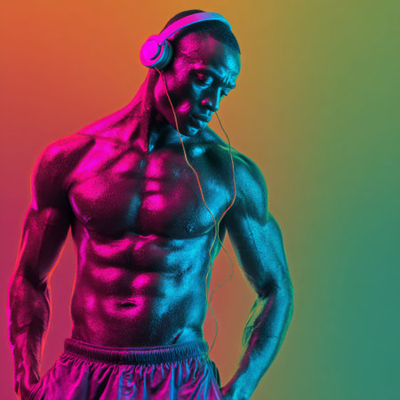 A muscular man with a well-defined body poses while wearing headphones. Bright neon colors create an energetic atmosphere, highlighting his focused expression during a music session.の素材
