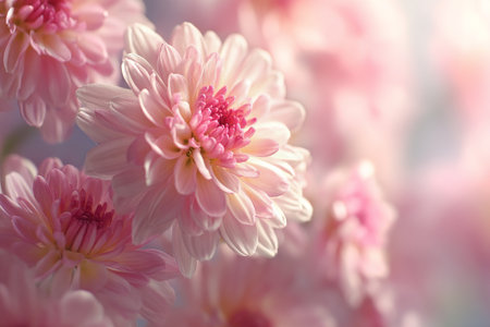 Delicate pink chrysanthemums fill the scene, showcasing their layered petals against a soothing pastel backdrop on a calm spring day..の素材