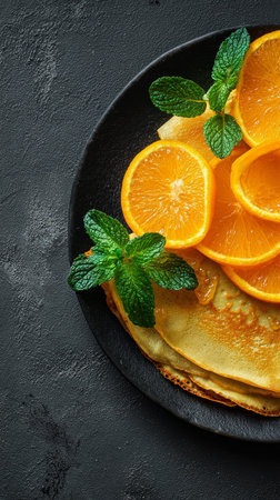 Freshly made crepes are topped with vibrant orange slices and mint leaves, creating a bright and appetizing dish on a dark surface.の素材
