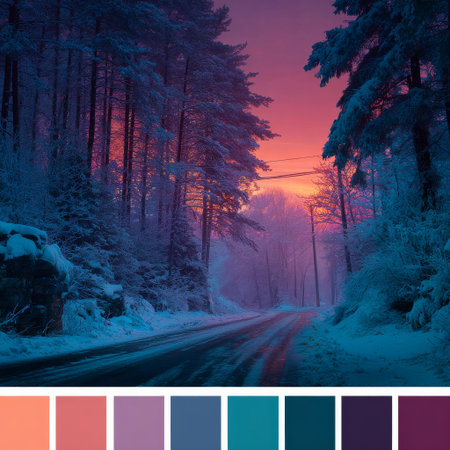 A serene winter scene shows a snowy road lined by trees, with a colorful sunset painting the sky in shades of pink, purple, and blue. The peaceful atmosphere invites reflection.の素材