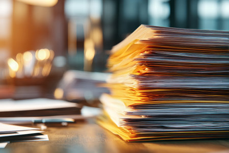 Stacks of organized documents sit on a desk in an office during the late afternoon. The warm light highlights each folder, creating a focused atmosphere for work.の素材