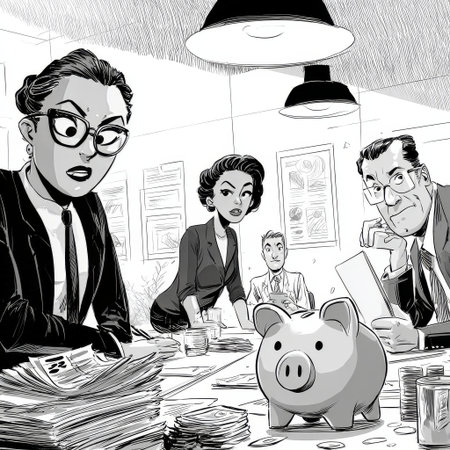 People are engaged in a serious discussion about finances in an office. A piggy bank is placed in the center, symbolizing saving and investment strategies during the meeting.の素材
