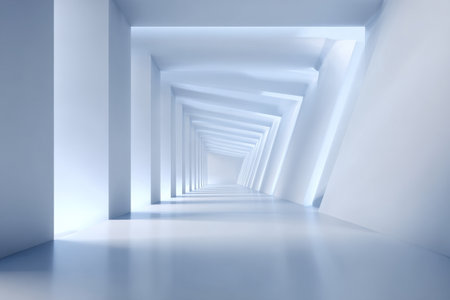 Light flows through a spacious corridor with smooth white walls and geometric angles, creating an illusion of infinity and peace. The design emphasizes simplicity and calmness.の素材