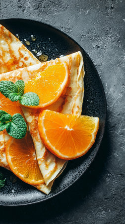 Pancakes are stacked on a black plate, garnished with fresh mint and served with orange slices. A hint of honey adds sweetness to this appetizing dish..の素材