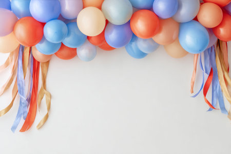 Brightly colored balloons in shades of purple, yellow, and pink hang with ribbon streamers, adding joy to a celebration backdrop. Perfect for parties and special occasions..の素材