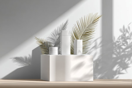A white cylindrical object stands on a round pedestal, creating striking shadows against a neutral wall. Palm leaves cast their natural shapes nearby in a bright, airy space..の素材