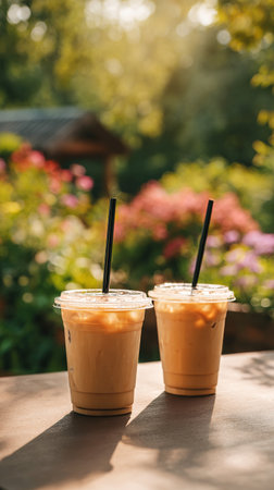 Two cups of iced coffee rest on a wooden table in a vibrant garden filled with flowers. Sunlight filters through the leaves, creating a warm and inviting atmosphere.の素材