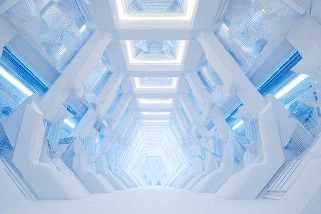 Light flows through a spacious corridor with smooth white walls and geometric angles, creating an illusion of infinity and peace. The design emphasizes simplicity and calmness..の素材