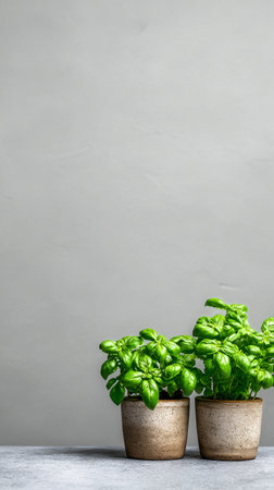 Two pots with vibrant green basil plants sit on a plain gray surface, creating a fresh and natural atmosphere in the space, perfect for cooking or decoration.の素材