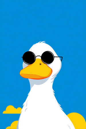A cartoon duck stands confidently, sporting stylish sunglasses. The clear blue sky provides a vibrant background, with a few fluffy clouds adding a playful touch to the scene.の素材