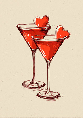 Two elegant red cocktails with heart-shaped garnishes sit side by side on a soft light backdrop, creating a romantic and inviting atmosphere perfect for celebrations.の素材