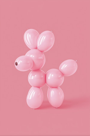 A cute pink balloon dog is crafted from several pink balloons, positioned on a soft pink background, creating a cheerful visual suitable for celebrations or events.の素材