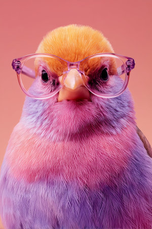 A vibrant bird with shades of purple, pink, and orange wears stylish transparent glasses. It sits against a soft pink background, adding a whimsical touch to the scene.の素材