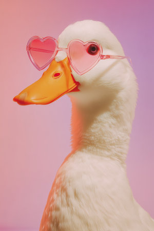 A duck wearing pink heart-shaped sunglasses stands confidently against a vibrant, colorful background. Its unique style adds a playful touch to the scene, perfect for a fun moment.の素材