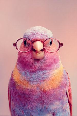 A vibrant bird with shades of purple, pink, and orange wears stylish transparent glasses. It sits against a soft pink background, adding a whimsical touch to the scene.の素材