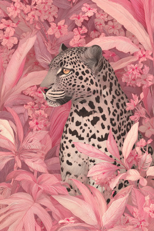 A leopard sits gracefully in a lush scene full of pink leaves and flowers, creating a striking contrast in a vibrant tropical environment during daylight.の素材