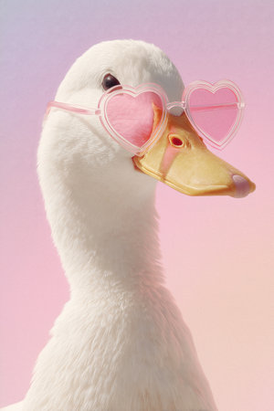 A duck stands confidently with pink heart-shaped sunglasses on its beak, set against a vibrant pastel backdrop. The scene captures a playful and cheerful moment.の素材