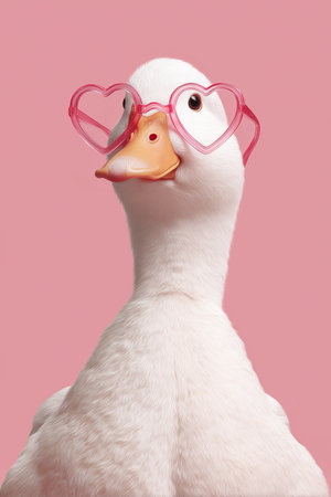 A duck stands confidently with pink heart-shaped sunglasses on its beak, set against a vibrant pastel backdrop. The scene captures a playful and cheerful moment.の素材